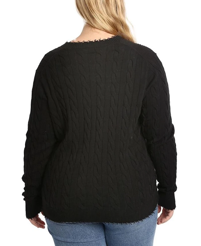 Plus Cotton Frayed Cable Long Sleeve V Neck Sweater Top