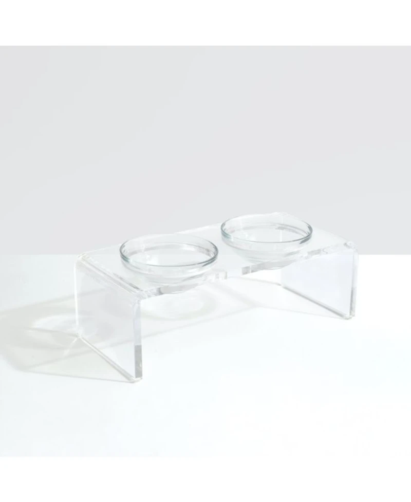 Small Clear Double Glass Bowl Pet Feeder, 1 Quart Bowls