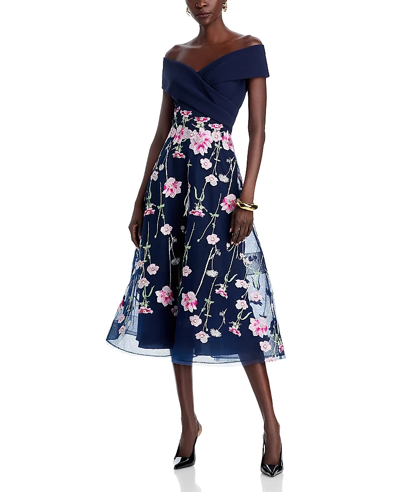 Teri Jon by Rickie Freeman Crepe Off-the-Shoulder Embroidered Tulle Dress