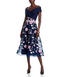 Teri Jon by Rickie Freeman Crepe Off-the-Shoulder Embroidered Tulle Dress