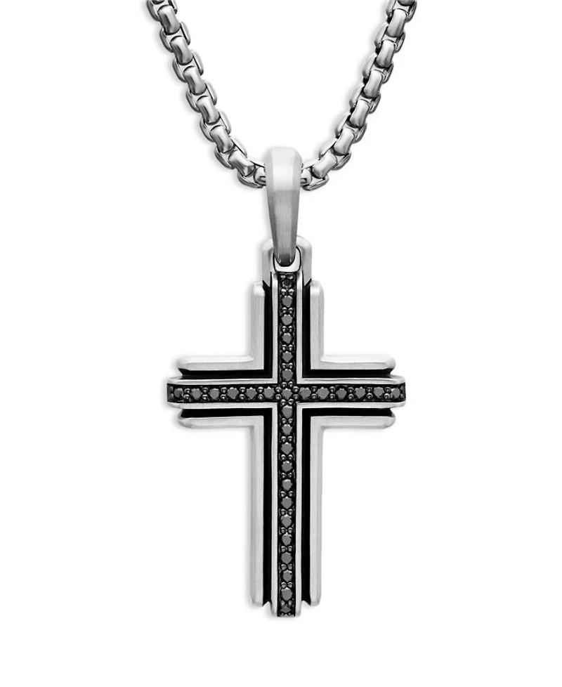 Men's Deco Cross Pendant in Sterling Silver with Diamonds