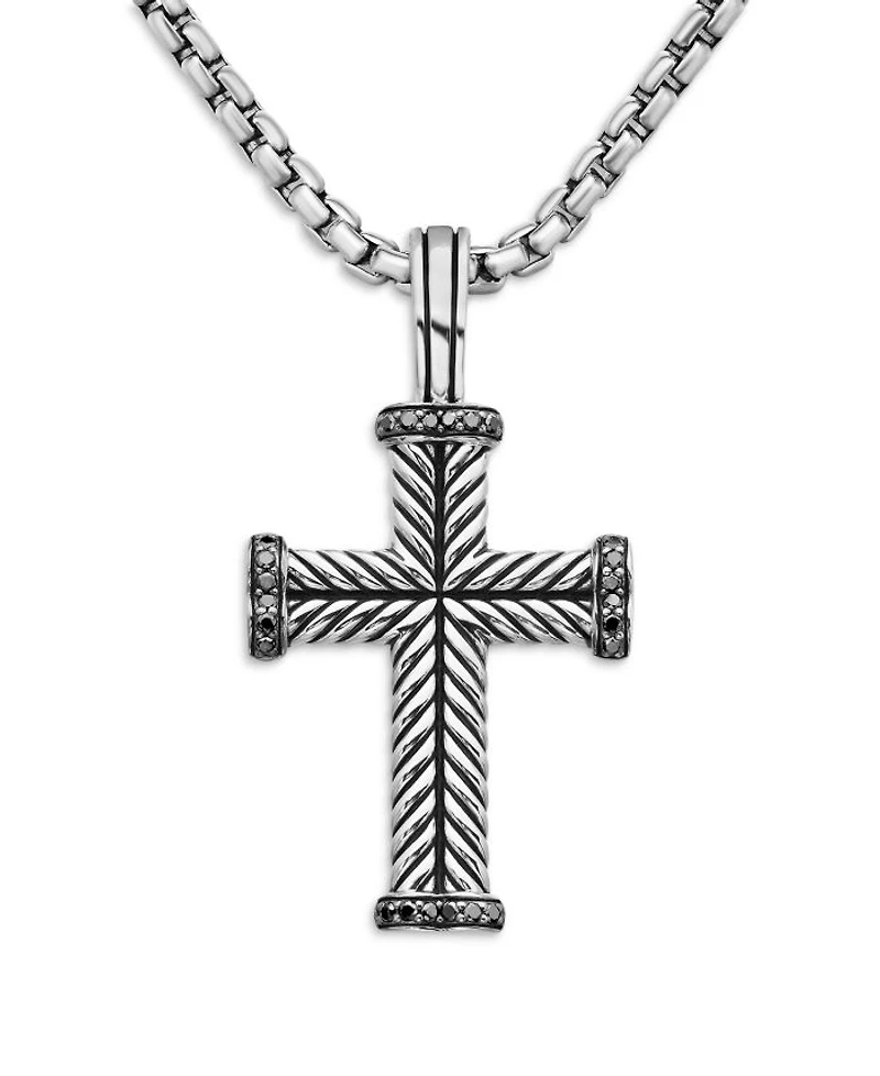 Men's Chevron Cross Pendant in Sterling Silver with Black Diamonds, 33.5mm