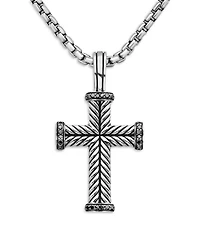 Men's Chevron Cross Pendant in Sterling Silver with Black Diamonds, 33.5mm