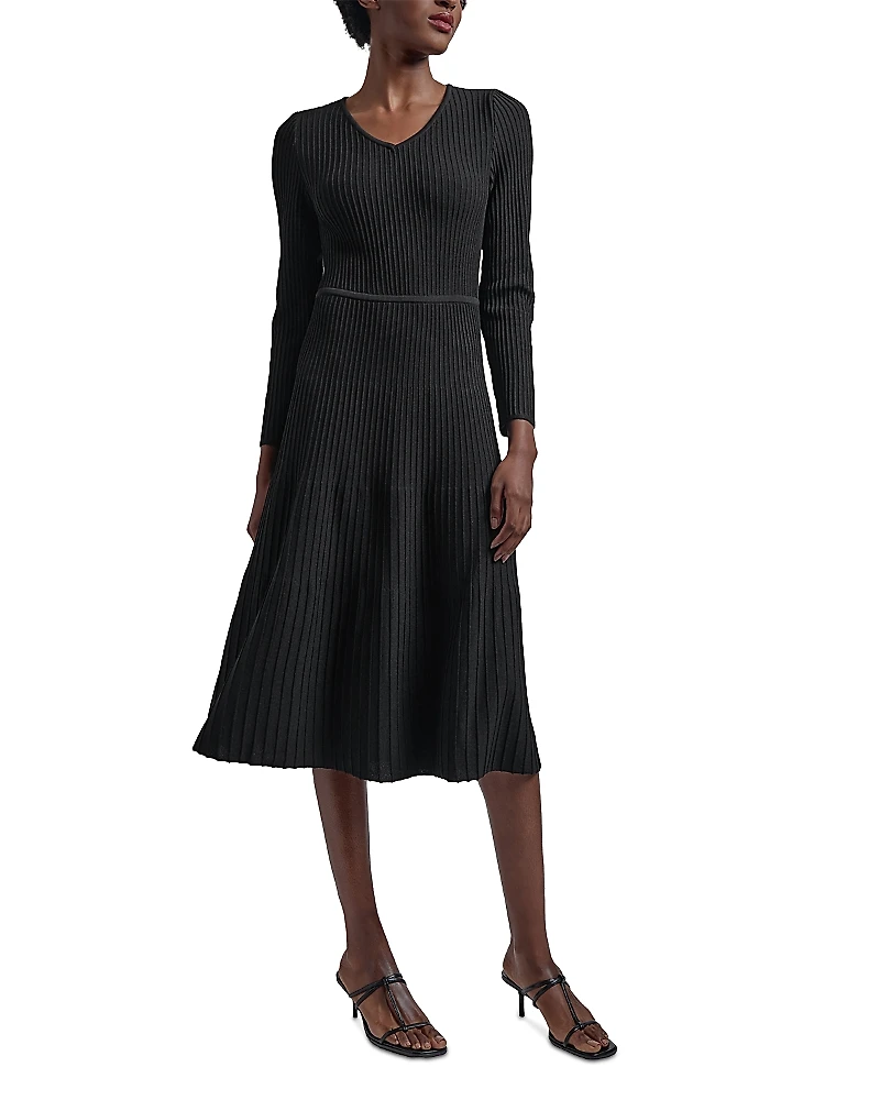 Misook Long Sleeve V Neck Ribbed Midi Dress