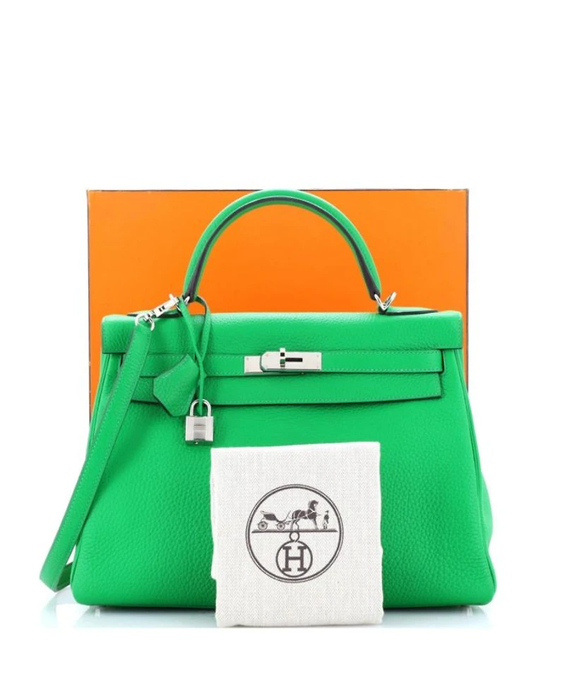 Pre-Owned HERMES Pre-Owned Hermes Kelly 32 Handbag Green Clemence with Palladium Hardware