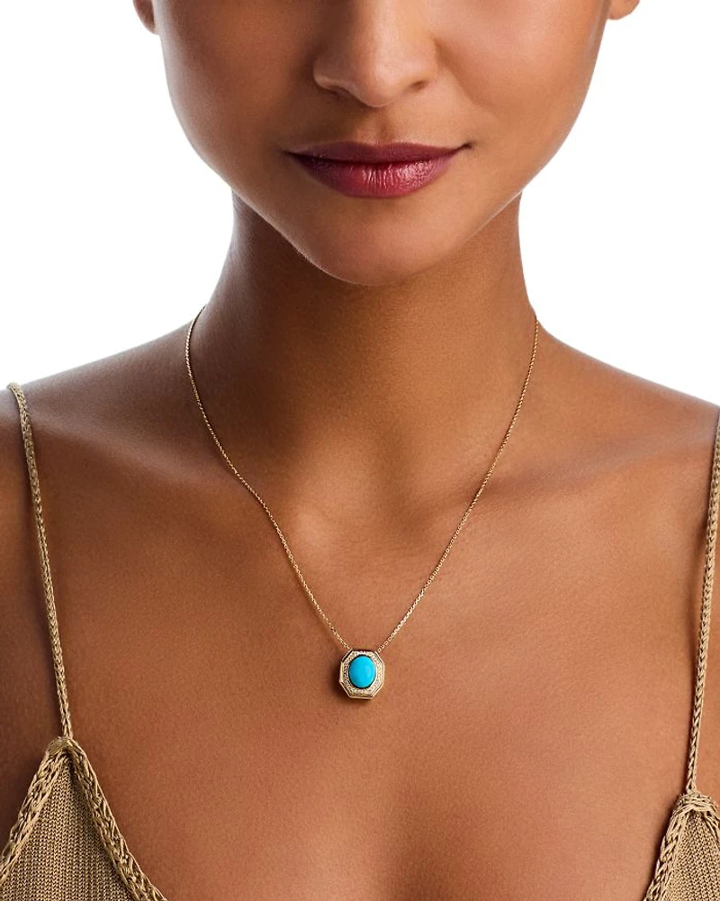 Turquoise & Diamond Halo Pendant Necklace in 14K Yellow Gold, 17.5"