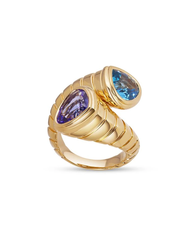 18K Yellow Gold Trisola Tanzanite & Blue Topaz Toi et Moi Ring