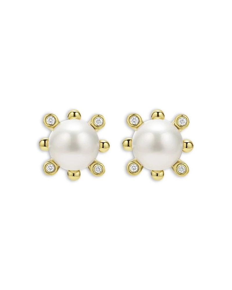 18K Yellow Gold Luna Cultured Pearl & Diamond Fleur Stud Earrings