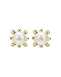 18K Yellow Gold Luna Cultured Pearl & Diamond Fleur Stud Earrings