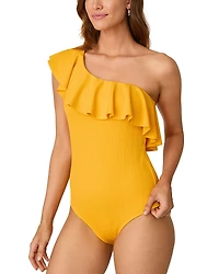 Shoshanna One Shoulder Ruffle Ribbed Piece Swimsuit