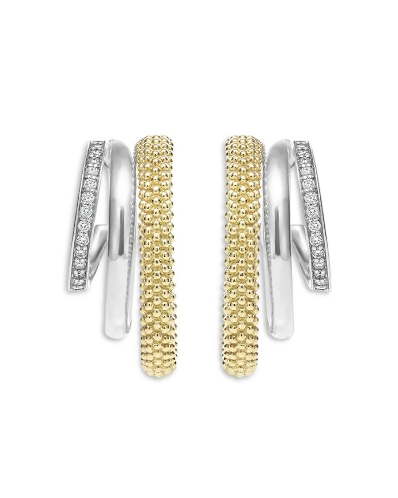 Two Tone Caviar Lux Three Ring Diamond Hoop Earrings, 0.16 tcw