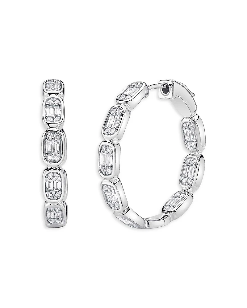 Shy Creation 14K White Gold Aleera Diamond Baguette & Round Cluster Small Hoop Earrings