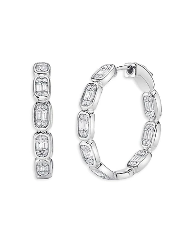 Shy Creation 14K White Gold Aleera Diamond Baguette & Round Cluster Small Hoop Earrings