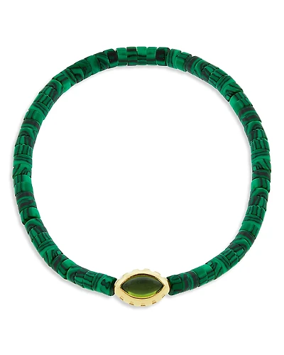 Luis Morais Men's 14K Yellow Gold Peridot Eye of the Idol Malachite Beaded Bracelet