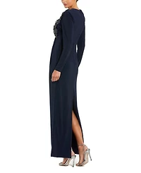 Jersey Long Sleeve Fitted Gown with 3D Flowers