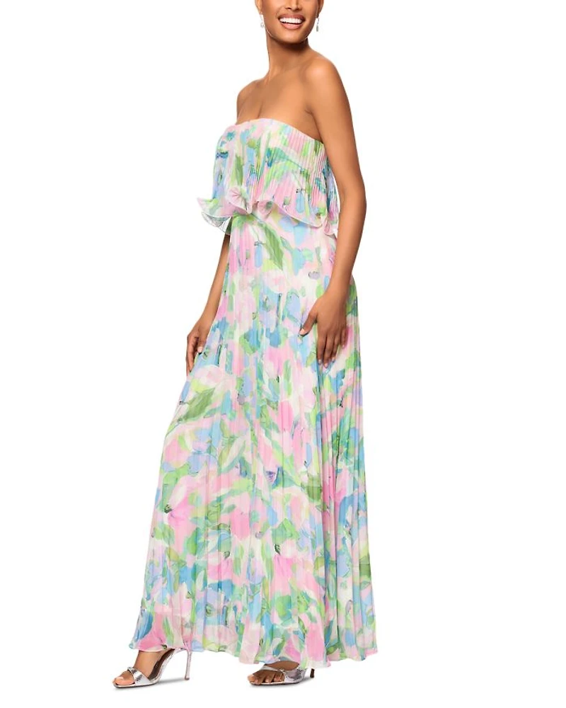 Printed Pleated Strapless Dress - Exclusive