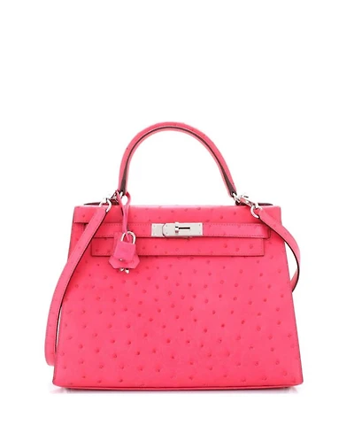 Pre-Owned HERMES Pre-Owned Hermes Kelly 28 Handbag Pink Ostrich with Palladium Hardware