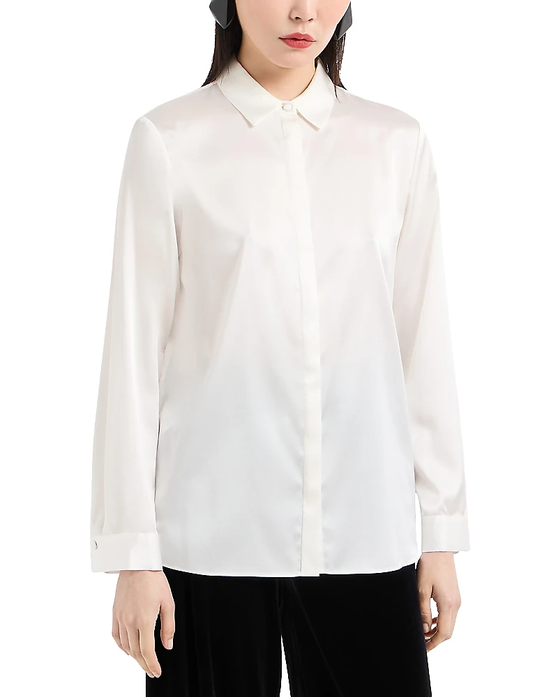Emporio Armani Stretch Silk Satin Long Sleeve Button Down Blouse