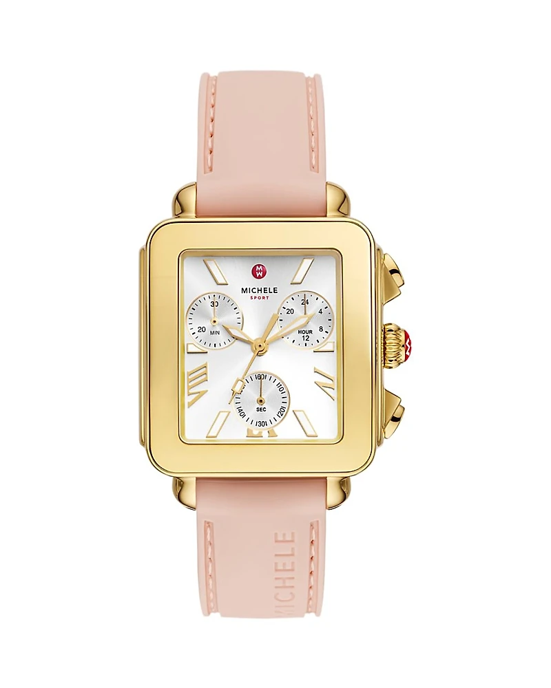 Michele Deco Sport Chronograph 18K Gold Plated Ballet Pink Silicone Watch, 34mm x 36mm