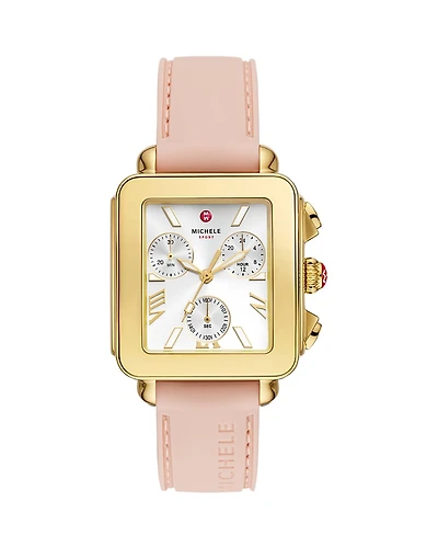 Michele Deco Sport Chronograph 18K Gold Plated Ballet Pink Silicone Watch, 34mm x 36mm