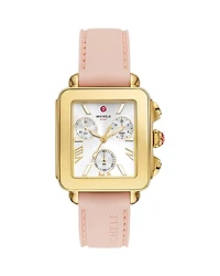 Michele Deco Sport Chronograph 18K Gold Plated Ballet Pink Silicone Watch, 34mm x 36mm