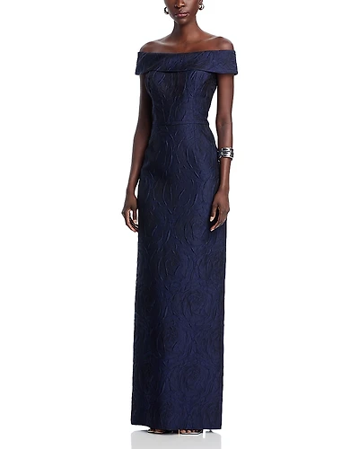 Teri Jon by Rickie Freeman Jacquard Off-the-Shoulder Gown
