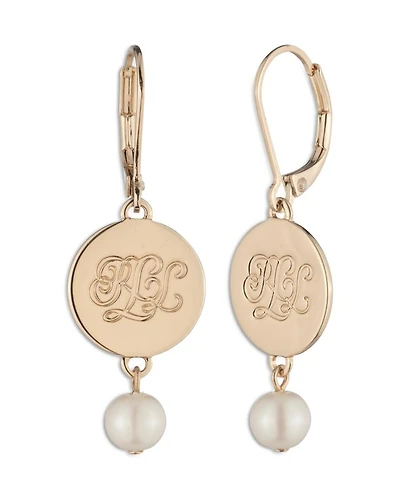 Logo & Faux Pearl Drop Earrings, 1.6"L