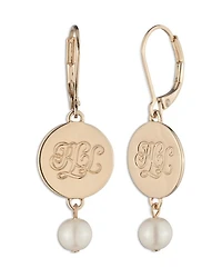 Logo & Faux Pearl Drop Earrings, 1.6"L