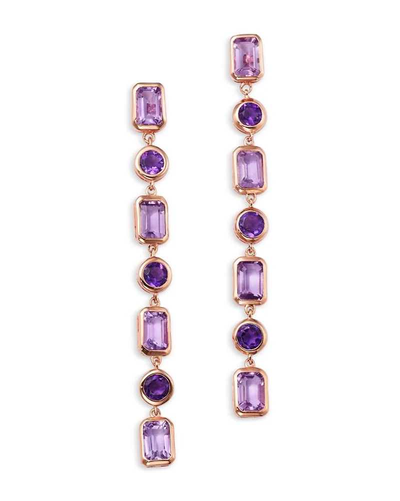 Rose de France & Purple Amethyst Mixed-Cut Linear Drop Earrings in 14K Rose Gold