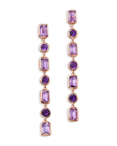 Rose de France & Purple Amethyst Mixed-Cut Linear Drop Earrings in 14K Rose Gold