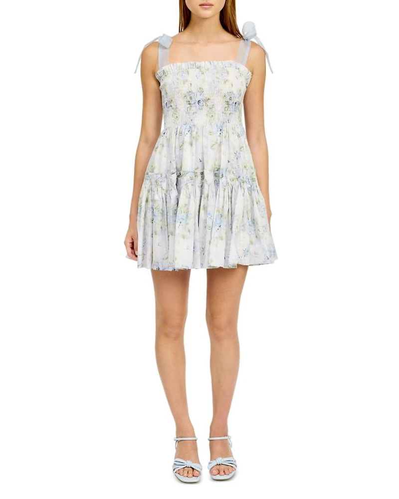 Smocked Contrast Organza Tie Mini Dress