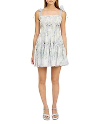 Smocked Contrast Organza Tie Mini Dress