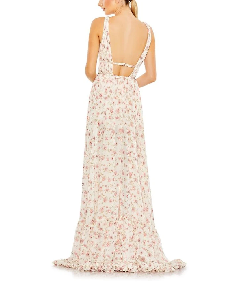 Floral Print Sleeveless Ruffled High-Low Gown