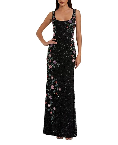 Mac Duggal Floral Beaded Mesh Scoop Neck Sleeveless Gown