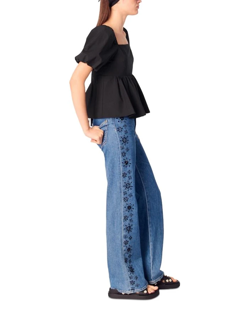Embroidered Rhinestone High Rise Jeans Blue