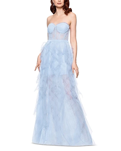Aqua Strapless Lace Tulle Ruffle Gown - Exclusive