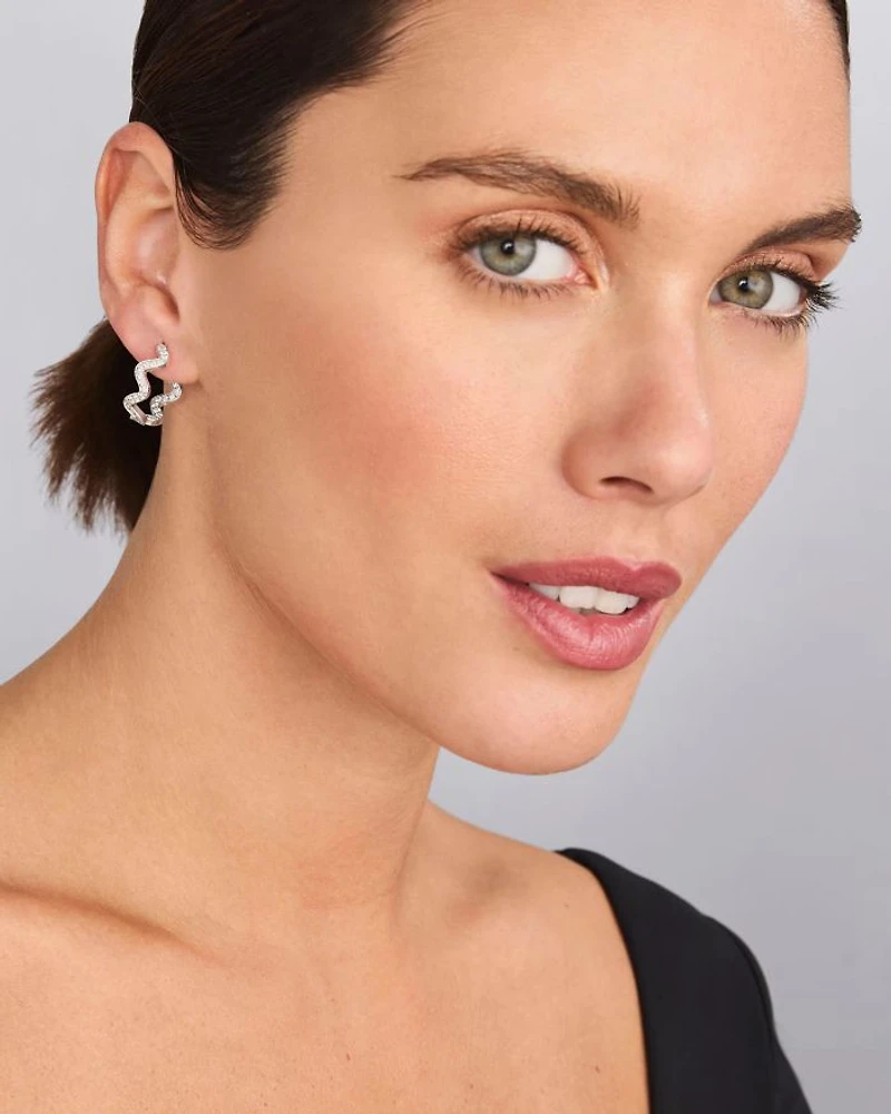 Sterling Silver Caviar Spark Diamond Wavy Huggie Hoop Earrings