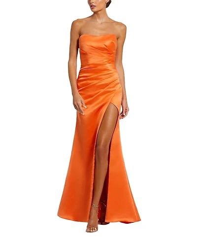 Mac Duggal Strapless Gathered High Slit Gown