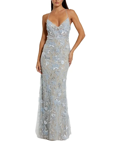 Mac Duggal Floral Embroidered Sleeveless Open Back Gown