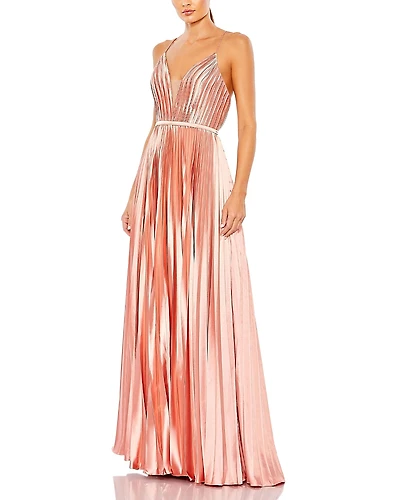 Mac Duggal Plunge Neck Pleated Evening Gown