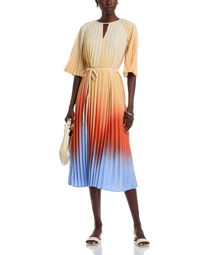 Pleated Ombre Crepe de Chine Dress
