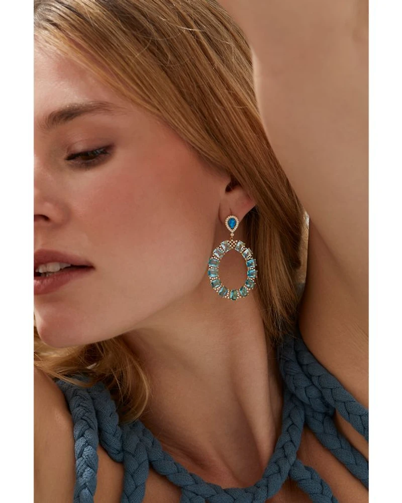 Blue Lagoon Mixed Stone Circle Drop Earrings in 18K Gold Plated