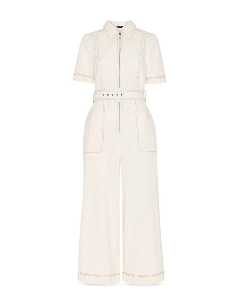Denim Pintucked Belted Jumpsuit