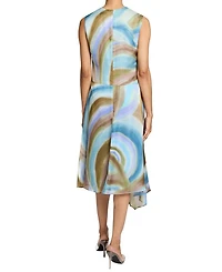 CECILIA Sleeveless Abstract Swirl Print Midi Dress with Asymmetrical Hemline