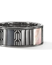 Sterling Silver Black Onyx, Hematite & Black Mother of Pearl Carved Chain Band Ring