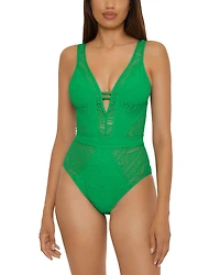 Color Play Crochet Plunge One Piece Swimsuit