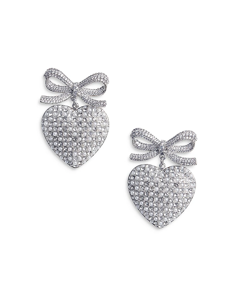 Self-Portrait Crystal Bow Imitation Pearl Heart Earrings