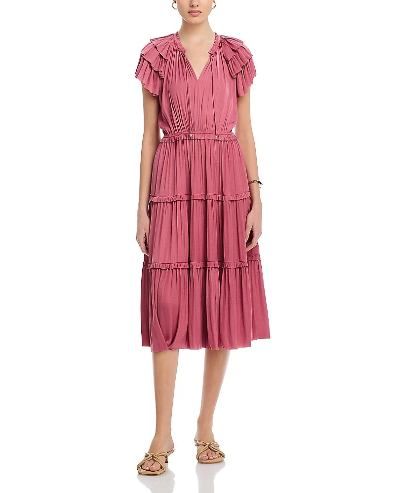 T Tahari Flutter Sleeve Split Neck Flare Airflow Dress