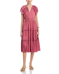 T Tahari Flutter Sleeve Split Neck Flare Airflow Dress