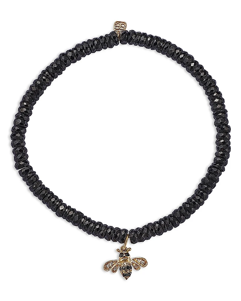 Sydney Evan 14K Yellow Gold White Diamond & Black Diamond Small Bee Charm Beaded Bracelet